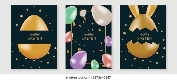 Happy Easter luxury element cover vector set. Elegant 3D shiny colorful easter eggs with foil confetti texture and square gold frame. Adorable glamorous design for decorative, card, kids, poster.