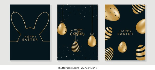 Juego de vectores de portada de elementos de lujo Happy Easter. Elegante forma de conejo dorado brillante línea de arte y colgante huevos de pascua dorados brillantes en 3D. Adorable diseño glamoroso para decoración, tarjeta, niños, afiche.