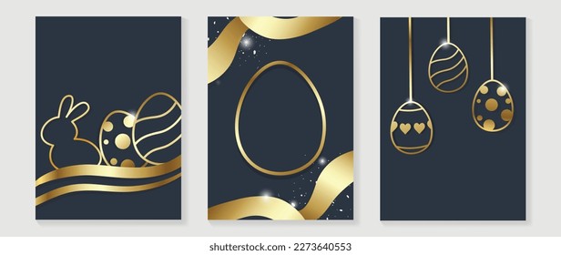 Happy Easter luxury element cover vector set. Elegant gold 3D shiny easter egg line art decorate with rabbit shape on dark background. Adorable glamorous design for decorative, card, kids, poster.