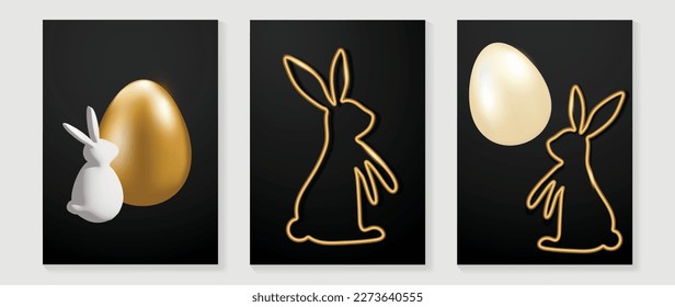 Happy Easter luxury element cover vector set  Elegant 3D shiny gold easter egg and white   gold line rabbit shape black background  Adorable glamorous design for decorative  card  kids  poster 