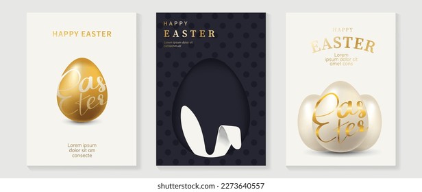 Happy Easter luxury element cover vector set. Elegant golden and white 3D shiny easter egg decorated with typography, bunny ear shape. Adorable glamorous design for decorative, card, kids, poster.