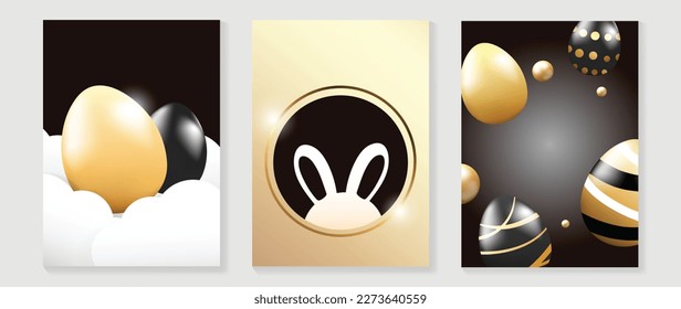 Juego de vectores de portada de elementos de lujo Happy Easter. Elegante oro y huevo negro 3D de Pascua decoran con brillante marco de círculo dorado y forma de conejo. Adorable diseño glamoroso para decoración, tarjeta, niños, afiche.