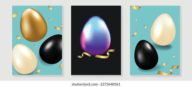 Happy Easter luxury element cover vector set. Elegant 3D shiny gold black and violet easter eggs with ribbon on black and blue background. Adorable glamorous design for decorative, card, kids, poster.