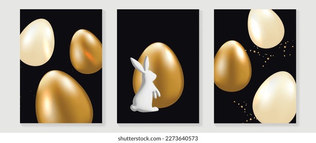 Juego de vectores de portada de elementos de lujo Happy Easter. Elegantes huevos de Pascua dorados brillantes en 3D con forma de conejo cerámico realista sobre fondo negro. Adorable diseño glamoroso para decoración, tarjeta, niños, afiche.