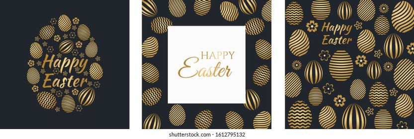 Happy Easter luxury greeting cards set. Easter holiday invitations templates collection with gold eggs. Flat vector stock illustration