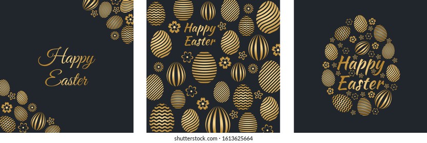 Happy Easter luxury greeting cards set. Easter holiday invitations templates collection with gold eggs. Flat vector stock illustration.