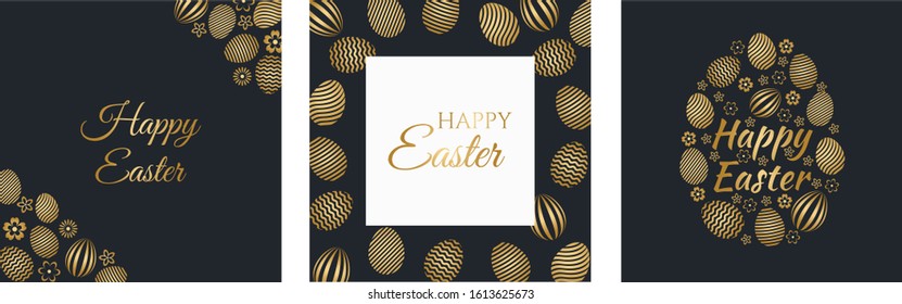 Happy Easter luxury greeting cards set. Easter holiday invitations templates collection with gold eggs. Flat vector stock illustration.
