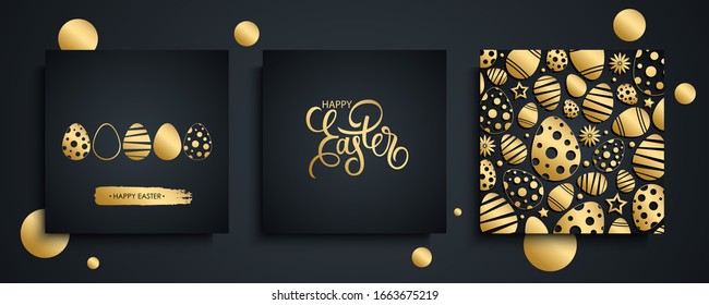 Happy Easter luxury greeting cards collection. Easter holiday invitations templates set with hand drawn lettering and gold easter eggs. Vector illustration.