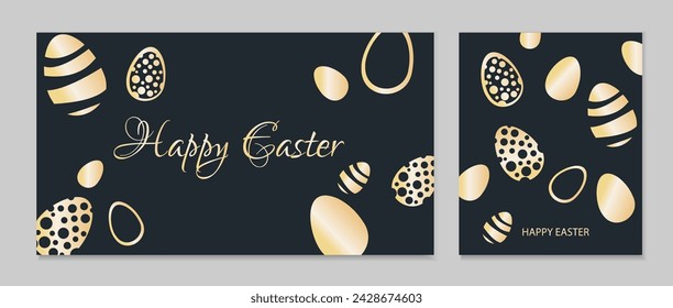 Feliz Pascua colección de tarjetas de felicitación de lujo. Plantillas de invitaciones de Pascua con huevos de oro. Ilustración vectorial.