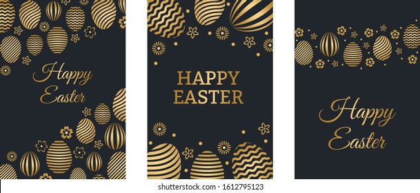 Happy Easter luxury holiday cards set with easter greeting and gold colored easter eggs. Flat vector stock illustration.