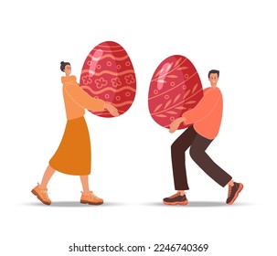 Happy Easter. Man and woman Carrying Huge Decorated easter eggs. Smiling people with Symbol of religious spring holiday. Easter Holiday Flat vector illustration. Greeting card for traditional holiday