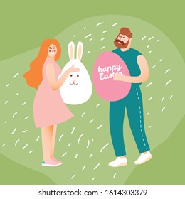 Happy Easter man and woman congratulation. Template for banner, poster, postcard.