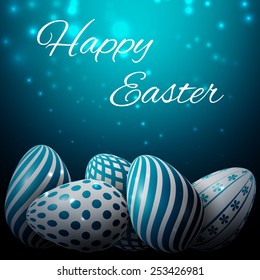 Happy Easter, many white-blue eggs with different patterns on a blue background, excellent vector illustration, EPS 10