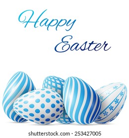 Happy Easter, many white-blue eggs with different patterns on a white background, excellent vector illustration, EPS 10