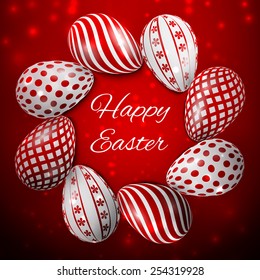 Happy Easter, many white-red eggs with different patterns on a red background, excellent vector illustration, EPS 10