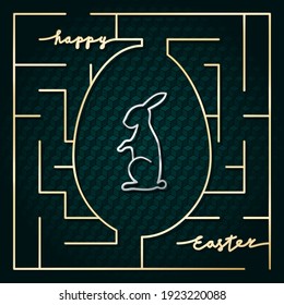 Happy Easter Maze Glossy Gold Style Logo as Labyrinth Combined with Egg Shape Bunny Rabbit and Lettering - Golden on Black Paper Background - Hand Drawn Doodle Design