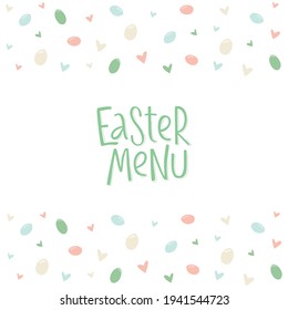 Happy Easter menu - minimalistic style with lettering sign and frame. Vector stock illustration isolated on white background for restaurant, kids menu, template for invitation.