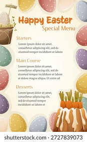 Frohe Ostern Menüvorlage mit bunten Eiern und festlichem Dessert