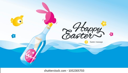 Happy Easter message in the bottle at the sea blue pink greeting card