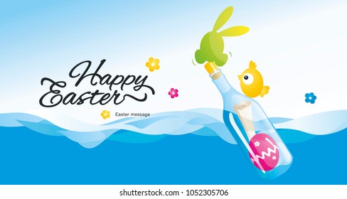 Happy Easter message in the bottle at the sea blue green pink yellow greeting card