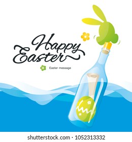 Happy Easter message in the bottle at the sea blue green background