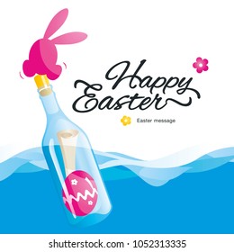 Happy Easter message in the bottle at the sea blue pink background