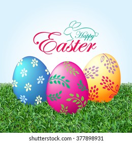 Happy Easter Message, Easter Eggs on Grass Vector illustration