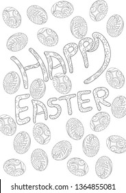 Happy Easter Message with Eggs in zentangle Coloring Page with Line Art Drawing