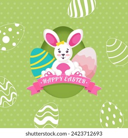 Happy Easter Message Ribbon Holding Cute Bunny with Painted Eggs on Green Background.