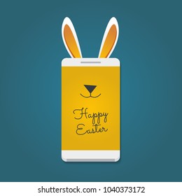 Happy Easter message. Smartphone with bunny ears