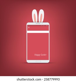 Happy easter message with smartphone. Bunny symbol with ears on red background. Suitable for advertisement and promotional. Eps10 vector illustration