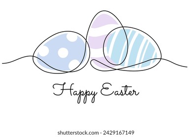 Happy Easter minimal greeting card with one line art painted eggs and handwritten style text. Vector illustration.