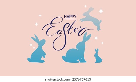 Happy Easter Minimalist Banner with cute Easter bunnies and a Traditional Colored Egg. Spring Festive Season Sale Background, Social media Post, and packaging. Vector illustration