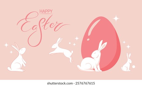 Happy Easter Minimalist Banner with cute Easter bunnies and a Traditional Colored Egg. Spring Festive Season Sale Background, Social media Post, and packaging. Vector illustration