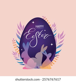 Happy Easter Minimalist Banner with cute Easter bunnies and a Traditional Colored Egg. Spring Festive Season Sale Background, Social media Post, and packaging. Vector illustration