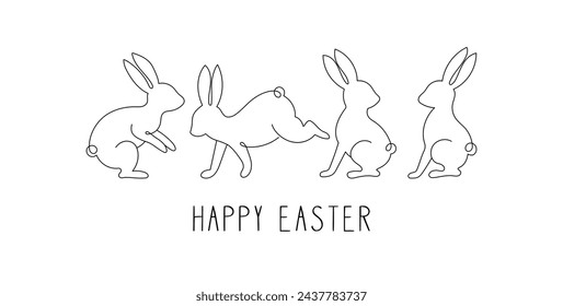 Happy Easter Minimalist Banner Vector, Simple Single Line Bunnies Design