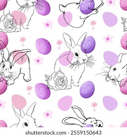 Happy easter. Minimalist Bunny with Leaves and Flowers Background. Line Art Rabbit and Botanical Elements Seamless Pattern