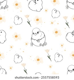 Happy Easter. Minimalist Floral Seamless Pattern. Seamless Pattern of Baby Chicks and Flowers
Cute Chick Illustration with Floral Accents