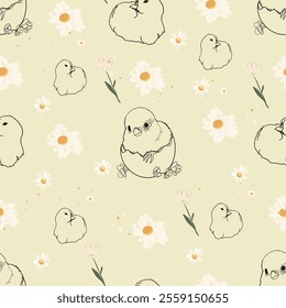 Happy Easter. Minimalist Floral Seamless Pattern. Seamless Pattern of Baby Chicks and Flowers
Cute Chick Illustration with Floral Accents