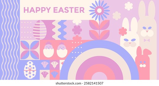 Happy Easter Minimalist geometric background. Modern colorful pattern with abstract Easter icons. Fashionable design for posters, banners, postcards, covers, advertisements