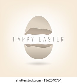 Happy Easter minimalist greeting card. 3d realistic broken egg with festive phrase. Vector vintage illustration.