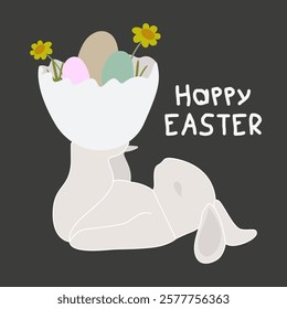 Happy Easter minimalist greeting card with cute bunny and eggs. Rabbit silhouette character set. Vector cartoon animal wildlife holidays