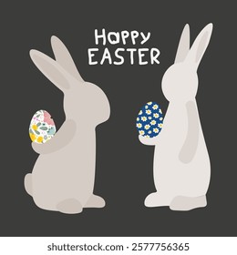 Happy Easter minimalist greeting card with cute bunny and eggs. Rabbit silhouette character set. Vector cartoon animal wildlife holidays