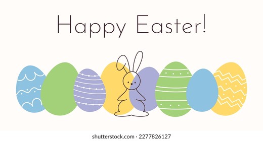 Happy Easter! Minimalist template for a banner, card or poster with a rabbit and Easter eggs