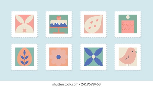 Happy Easter minimalistic abstract geometric cards set. Modern cute easter poster, postcard vector template.