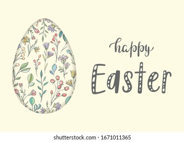 Feliz Pascua. Banner minimalista con huevo decorado con plantas