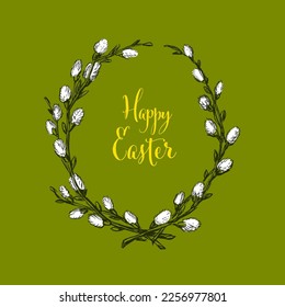 Happy Easter minimalistic card template with oval egg shape oval made from white catkin. Minimalistic green Easter vector card template with place for your text