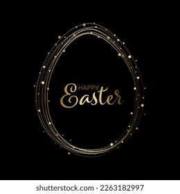 Happy Easter minimalistic card template with abstract Easter egg made from several ovals and golden circle dots. Minimalistic Easter vector card template with place for your text on black background
