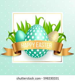 Happy easter mint blue eggs with spring green grass and gold ribbon on blue background. Luxury design for easter egg hunt, card, flyer,  poster, banner, voucher, web element.