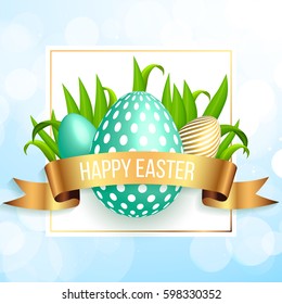 Happy easter mint blue eggs with spring green grass and gold ribbon on blue background. Luxury design for easter egg hunt, card, flyer,  poster, banner, voucher, web element.